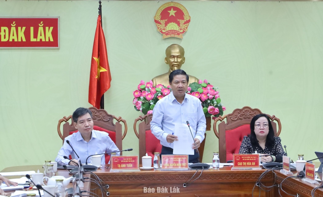 Ủy viên dự khuyết Trung ương Đảng, Bí thư Tỉnh ủy Lương Nguyễn Minh Triết phát biểu tại cuộc họp.