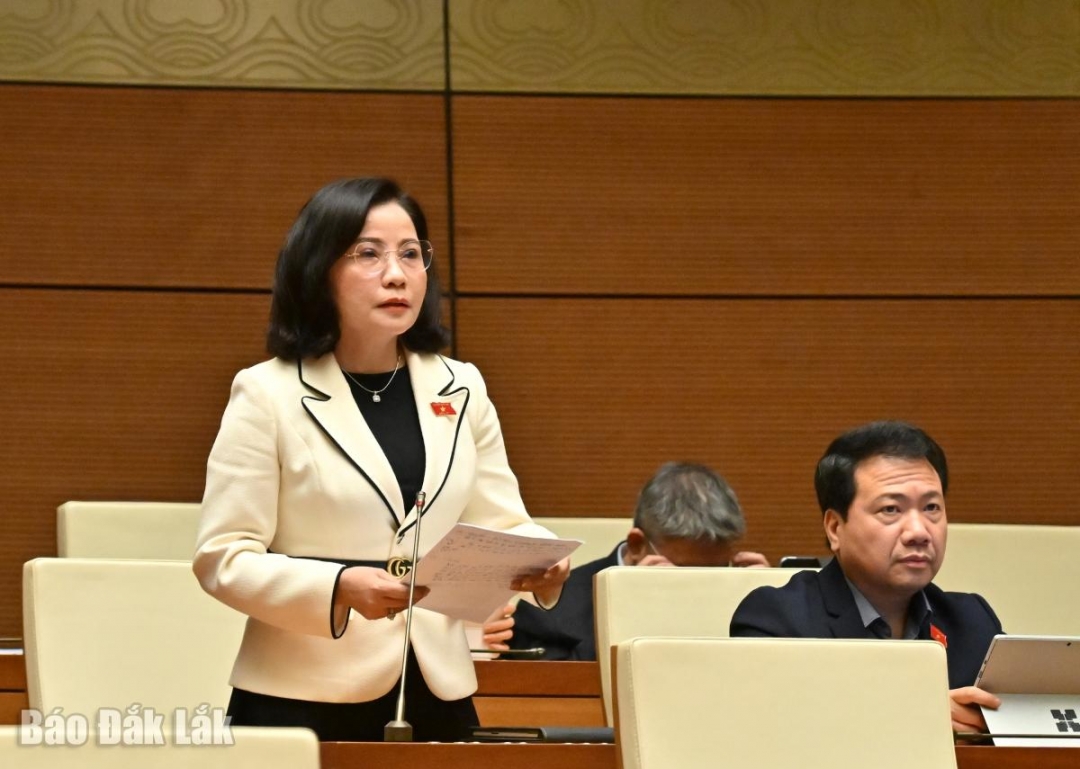 Phó Trưởng đoàn chuyên trách phụ trách Đoàn ĐBQH tỉnh Đắk Lắk Nguyễn Thị Thu Nguyệt phát biểu tại phiên thảo luận. Ảnh: Đoàn ĐBQH tỉnh cung cấp