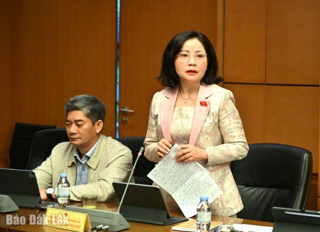 Phó Trưởng đoàn chuyên trách phụ trách Đoàn ĐBQH tỉnh Đắk Lắk Nguyễn Thị Thu Nguyệt phát biểu tại phiên thảo luận tổ. Ảnh: Đoàn ĐBQH tỉnh cung cấp