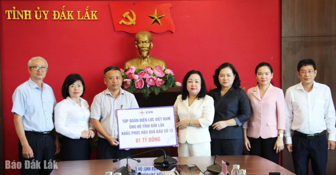 đồng chí Cao Thị Hòa An, Phó Bí thư Thường trực Tỉnh ủy, Chủ Tịch HĐND tỉnh đại diện lãnh đạo tỉnh tiếp nhận 1 tỷ đồng của Tập đoàn Điện lực Việt Nam.