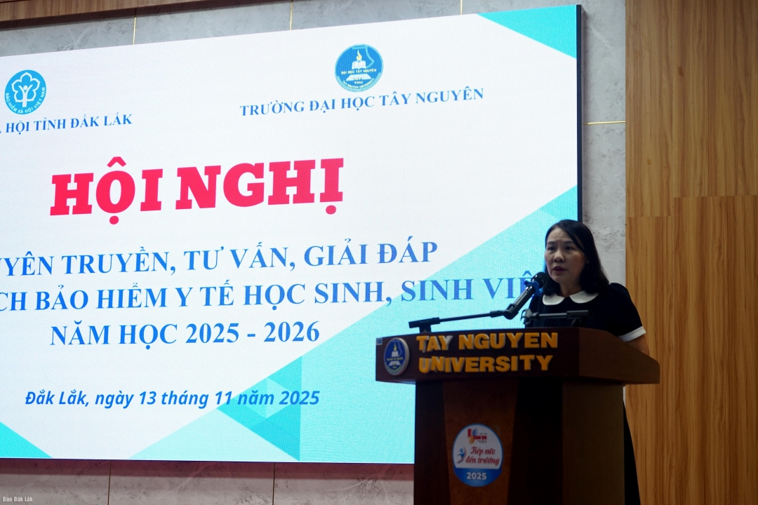 Phó Giám đốc BHXH tỉnh Đàm Thị Thanh Quế thông tin các chính sách bảo hiểm y tế tại hội nghị