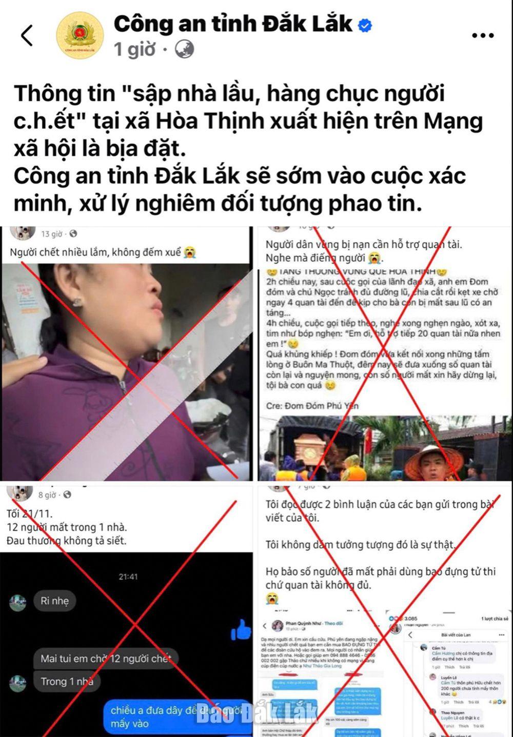 Fanpage Công an tỉnh Đắk Lắk thông tin bác bỏ các tin sai sự thật lan truyền trên mạng xã hội.