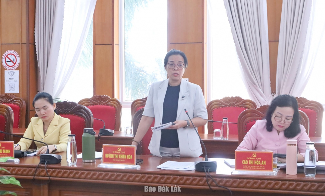 Đồng chí Huỳnh Thị Chiến Hòa, Phó Bí thư Tỉnh ủy, Phó Trưởng Ban Chỉ đạo phát biểu tại phiên họp.