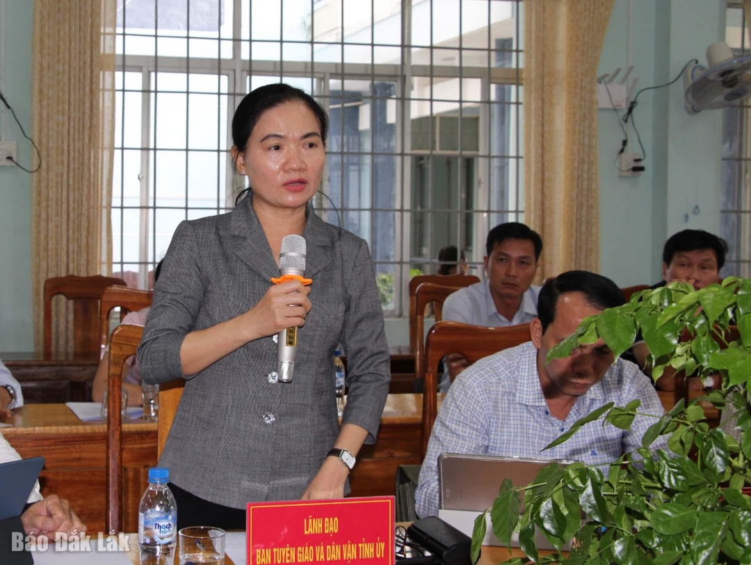 Đồng chí Đinh Thị Thu Thanh,Trưởng Ban Tuyên giáo và Dân vận Tỉnh ủy phát biểu tại buổi làm việc.