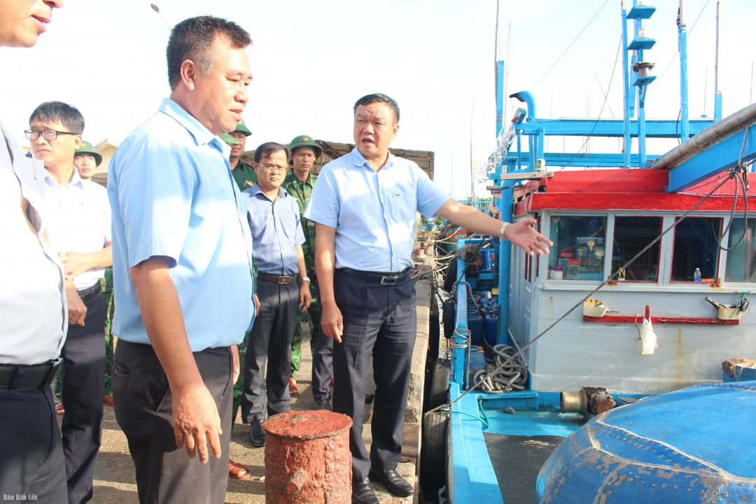 Phó Chủ tịch UBND tỉnh Đào Mỹ kiểm tra công tác neo đậu tàu thuyền tại cảng cá Đông Tác (phường Phú Yên).