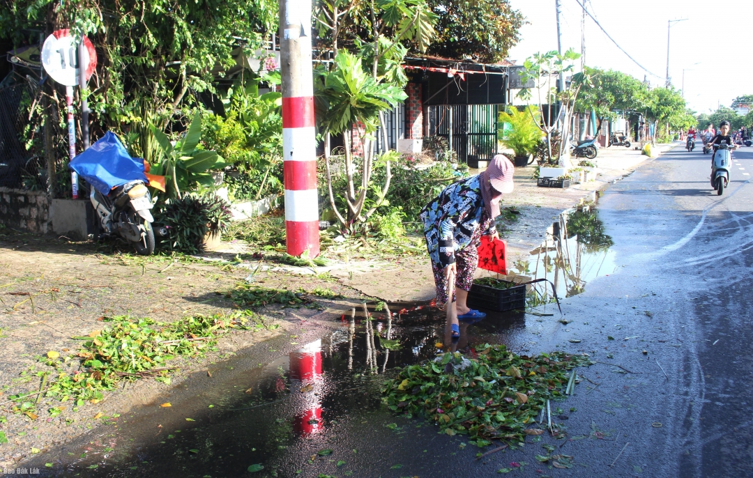 Người dân phường Phú Yên dọn dẹp nhà cửa.