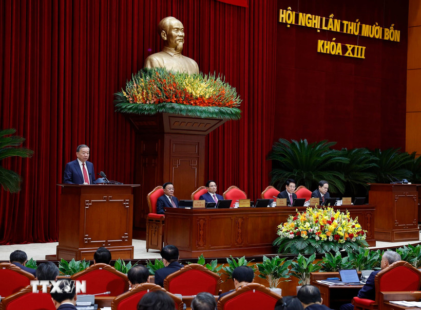 Tổng Bí thư Tô Lâm phát biểu khai mạc Hội nghị lần thứ 14 Ban Chấp hành Trung ương Đảng khóa XIII. Ảnh: TTXVN