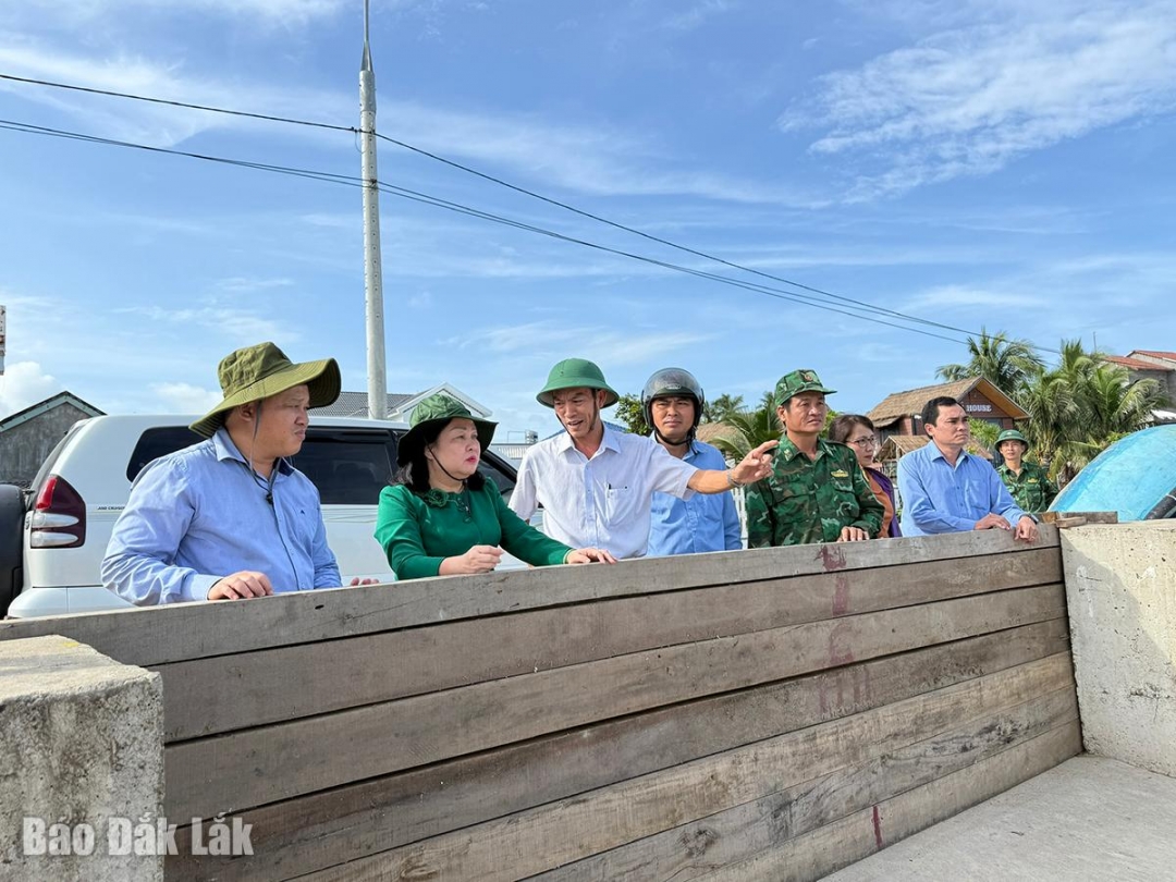 Đồng chí Cao Thị Hòa An, Phó Bí thư Thường trực Tỉnh ủy, Chủ tịch HĐND tỉnh, kiểm tra tình hình phòng, chống bão số 13 tại kè Mỹ Quang (xã Tuy An Nam).