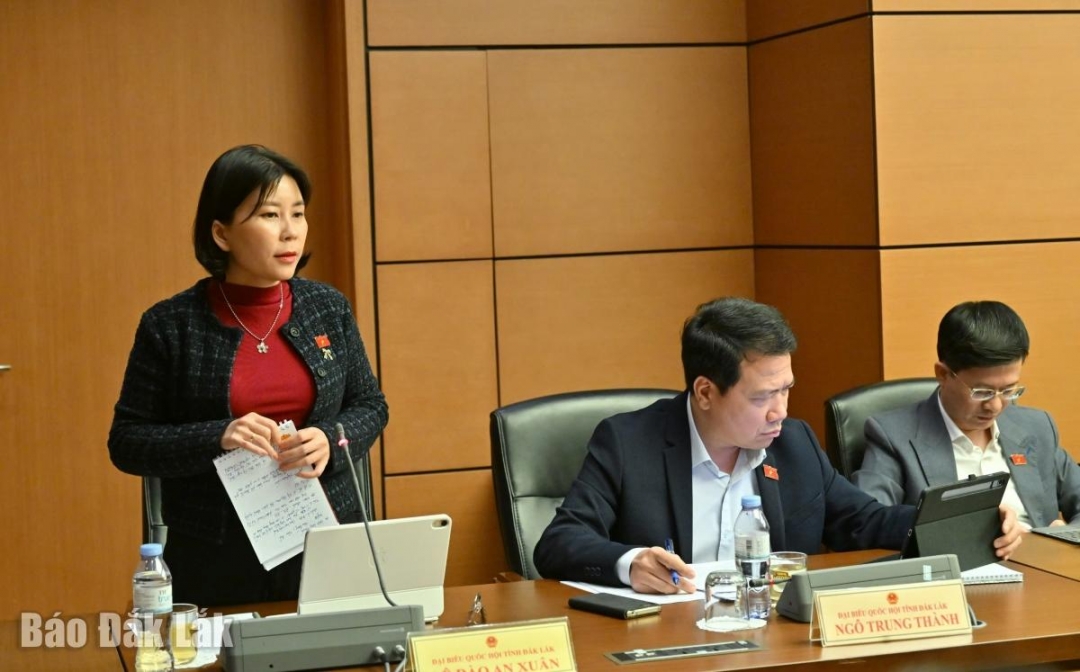 Đại biểu Lê Đào An Xuân, Phó Trưởng đoàn chuyên trách Đoàn ĐBQH tỉnh Đắk Lắk thảo luận về các dự án luật. Ảnh: Đoàn ĐBQH tỉnh cung cấp