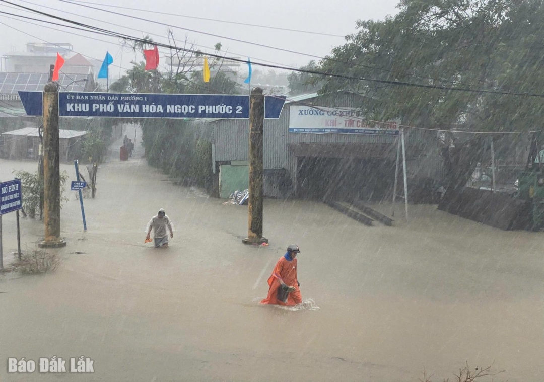 Đường vào khu phố Ngọc Phước 2 (phường Tuy Hòa) ngập trong nước lũ.