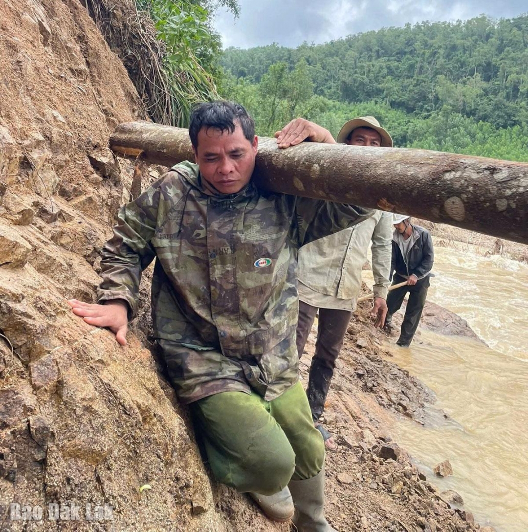 Người dân Phú Hải, Phú Đồng khuân vác gỗ để lắp cầu tạo qua Suối Gầm (Phú Hải)