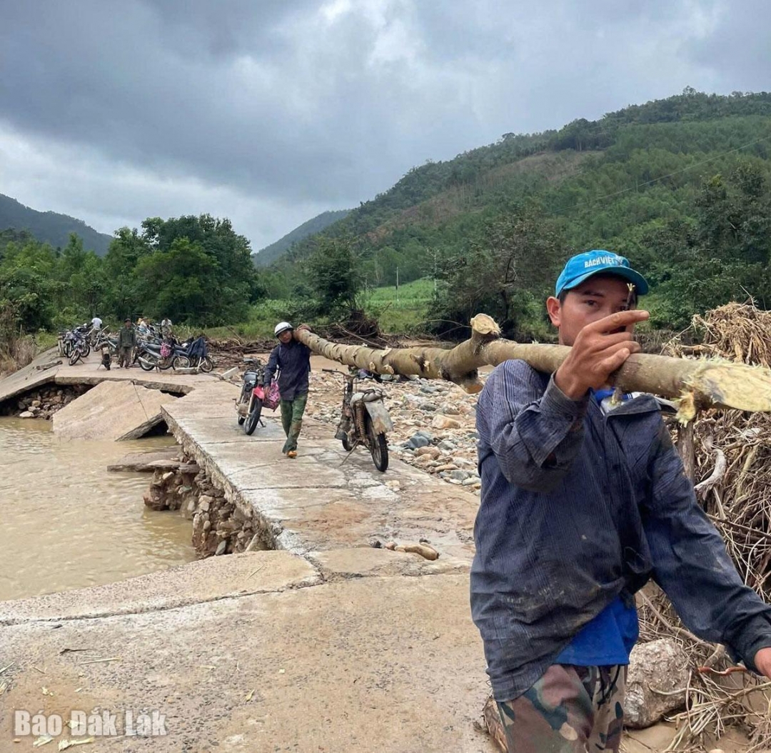 Thanh niên được huy động làm cầu tạm qua suối Gấm
