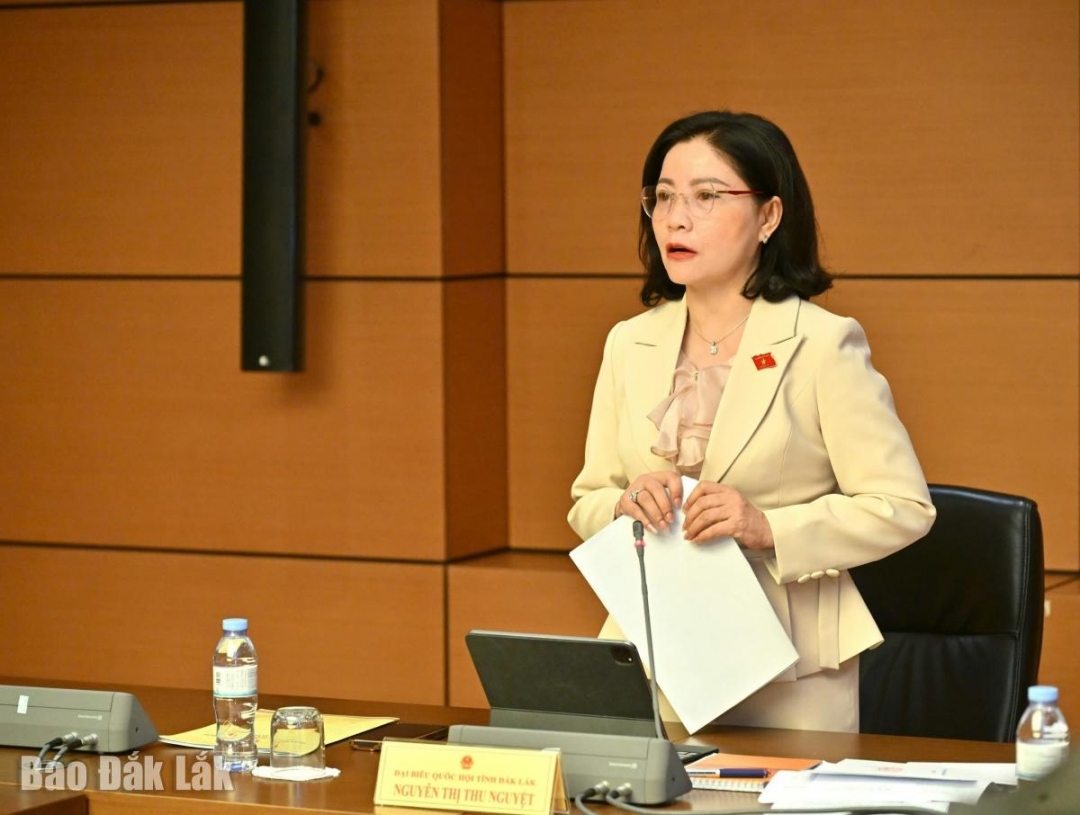 Phó Trưởng đoàn chuyên trách phụ trách Đoàn ĐBQH tỉnh Đắk Lắk Nguyễn Thị Thu Nguyệt thảo luận về các dự án luật. Ảnh: Đoàn ĐBQH tỉnh cung cấp