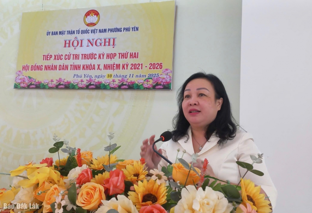 Đồng chí Cao Thị Hòa An, Phó Bí thư Thường trực Tỉnh ủy, Chủ tịch HĐND tỉnh phát biểu tại buổi tiếp xúc