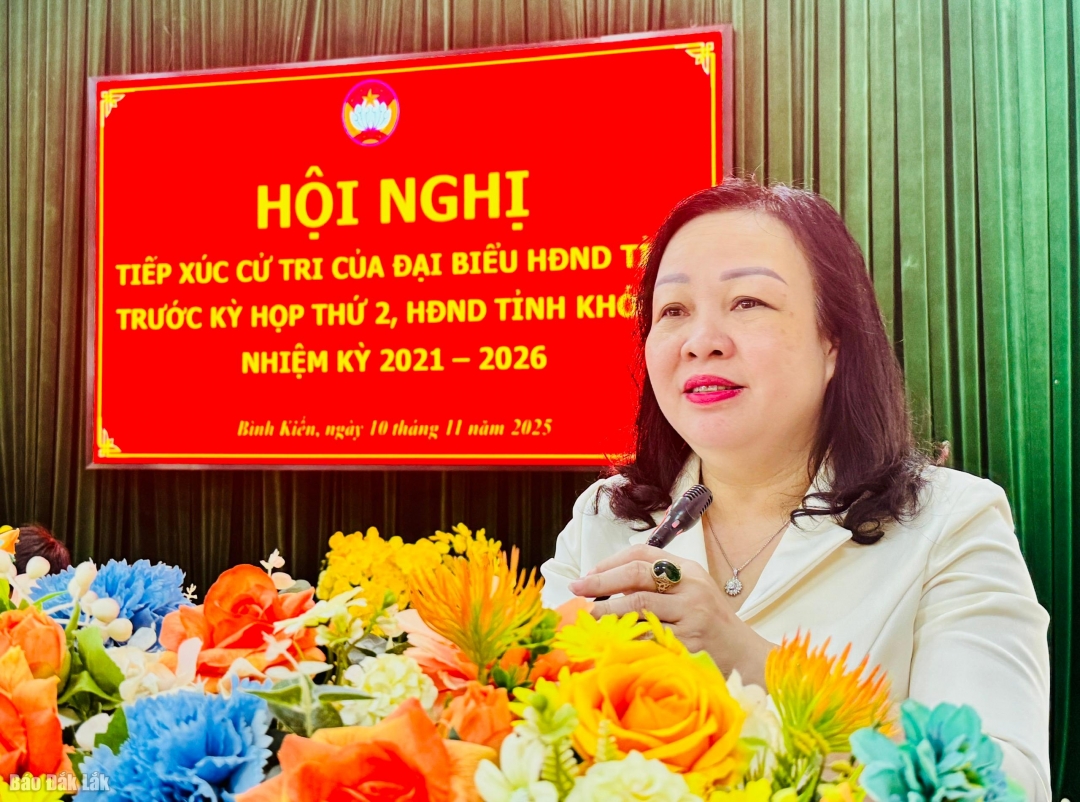 Đồng chí Cao Thị Hòa An, Phó Bí thư Thường trực Tỉnh ủy, Chủ tịch HĐND tỉnh phát biểu tại buổi tiếp xúc