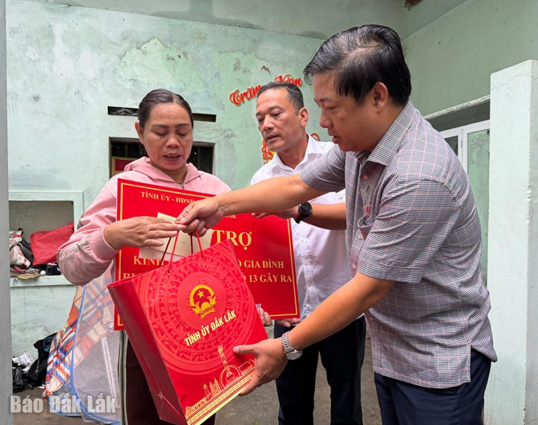 Bí thư Tỉnh ủy Lương Nguyễn Minh Triết và Phó Bí thư Tỉnh ủy Y Giang Gry Niê Knơng tặng quà cho một hộ dân bị thiệt hại nhà do bão số 13.