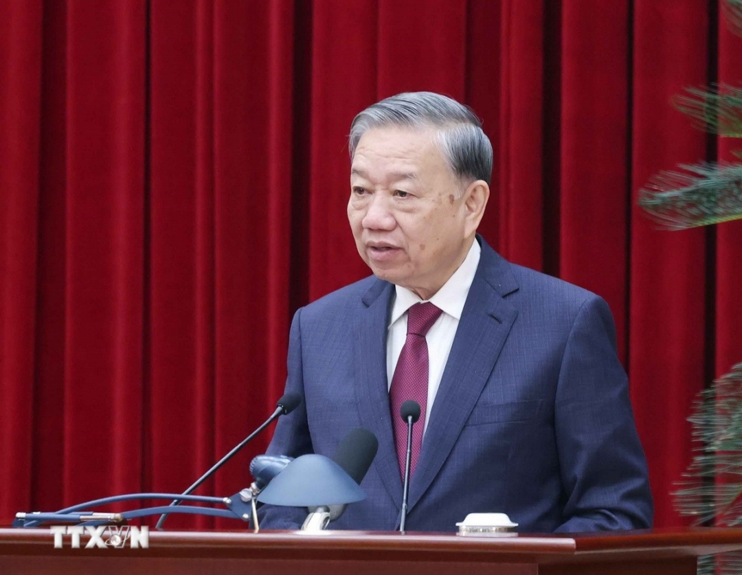 Tổng Bí thư Tô Lâm phát biểu bế mạc Hội nghị lần thứ 14 Ban Chấp hành Trung ương Đảng khóa XIII. Ảnh: TTXVN