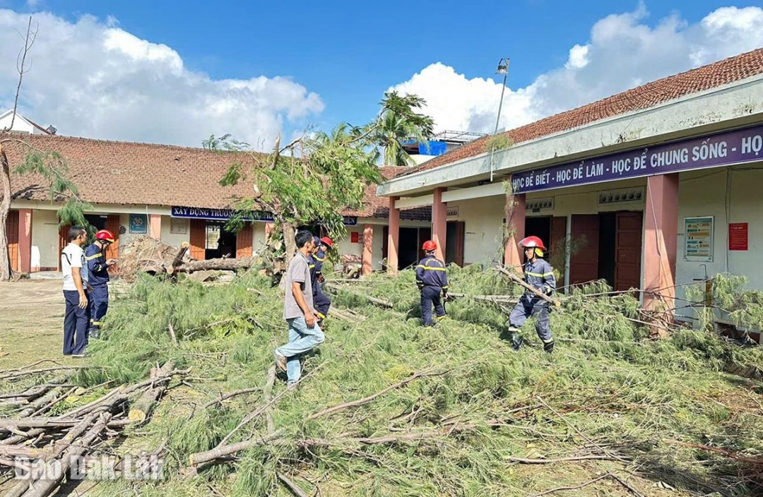 Lực lượng công an hỗ trợ dọn dẹp cây ngã đổ ở một trường học tại Sông Cầu.