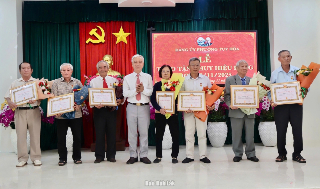 Phó Bí thư Thường trực Đảng ủy phường Tuy Hòa Huỳnh Ngọc Oánh trao tặng Huy hiệu Đảng cho các đảng viên.