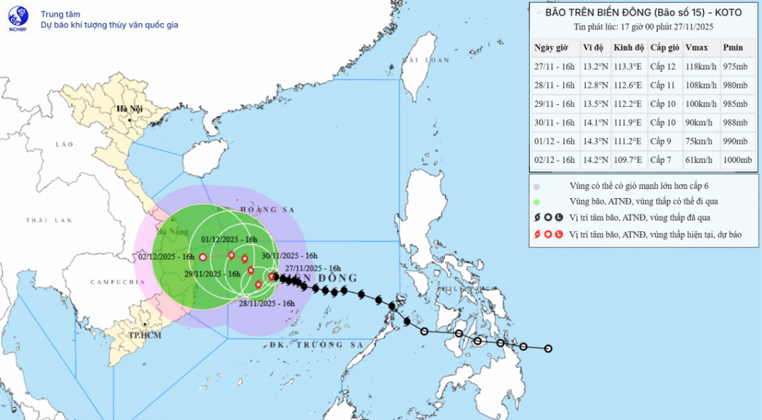 Bản đồ dự báo quỹ đạo và cường độ bão số 15 phát lúc 17h00 ngày 27/11/2025