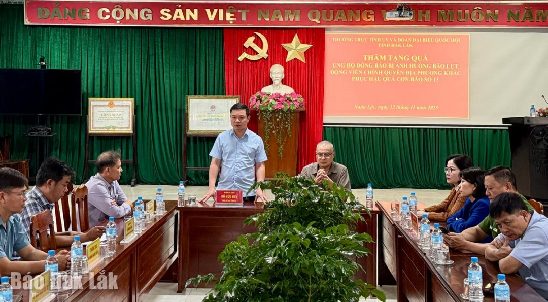 Đồng chí Đỗ Hữu Huy, Phó Bí thư Tỉnh ủy thăm hỏi tình hình thiệt hại, hỗ trợ của người dân tại buổi đến thăm.