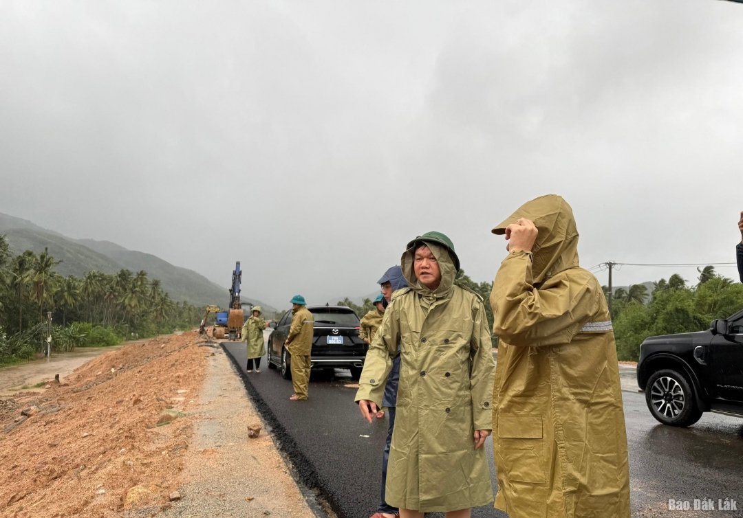 Phó Chủ tịch UBND tỉnh Đào Mỹ kiểm tra tình trạng sạt lở trên cao tốc Bắc Nam đoạn đi qua xã Xuân Lộc.