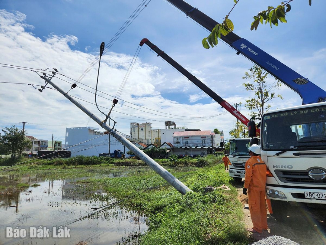 Công nhân ngành điện khắc phục hư hỏng trên lưới để cấp điện trở lại cho người dân tại phường Đông Hòa (ảnh: Văn Tài)