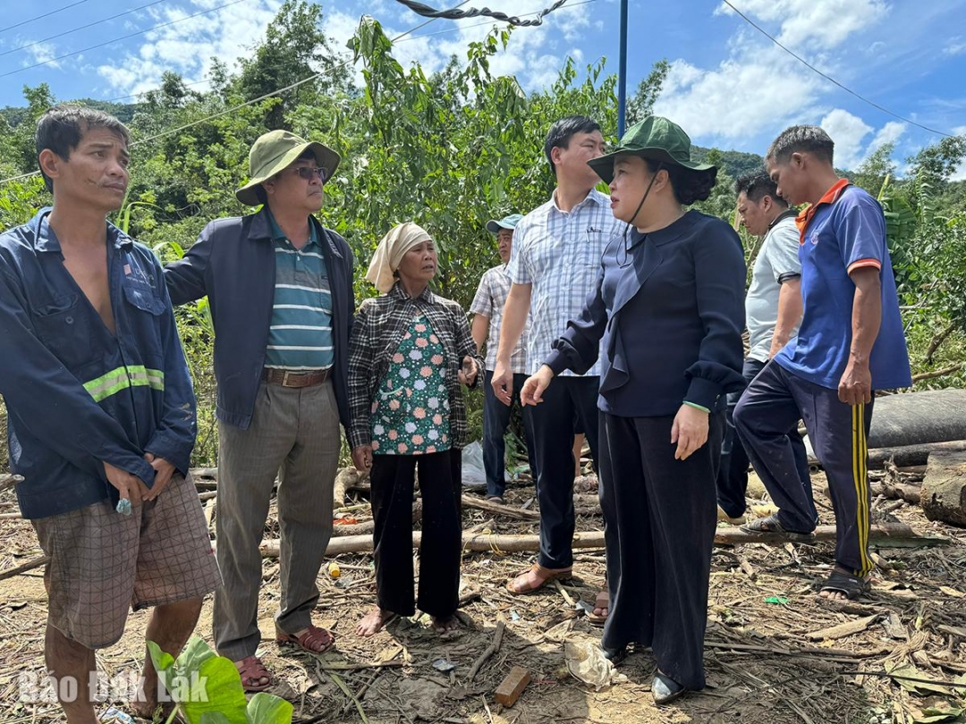 Phó Bí thư Thường trực Tỉnh ủy Cao Thị Hòa An kiểm tra tình hình thiệt hại của bà con tại xã Phú Mỡ. Ảnh: Hồ Như