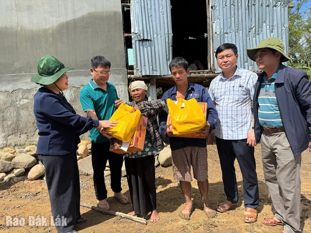 Phó Bí thư Thường trực Tỉnh ủy Cao Thị Hoà An tặng nhu yếu phẩm cho người dân xã Phú Mỡ.