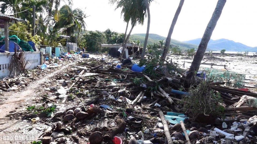 Cây cối ngả đổ, lồng bè nuôi trồng thủy hải sản của bà con bị sóng bão đánh dạt vào bờ.