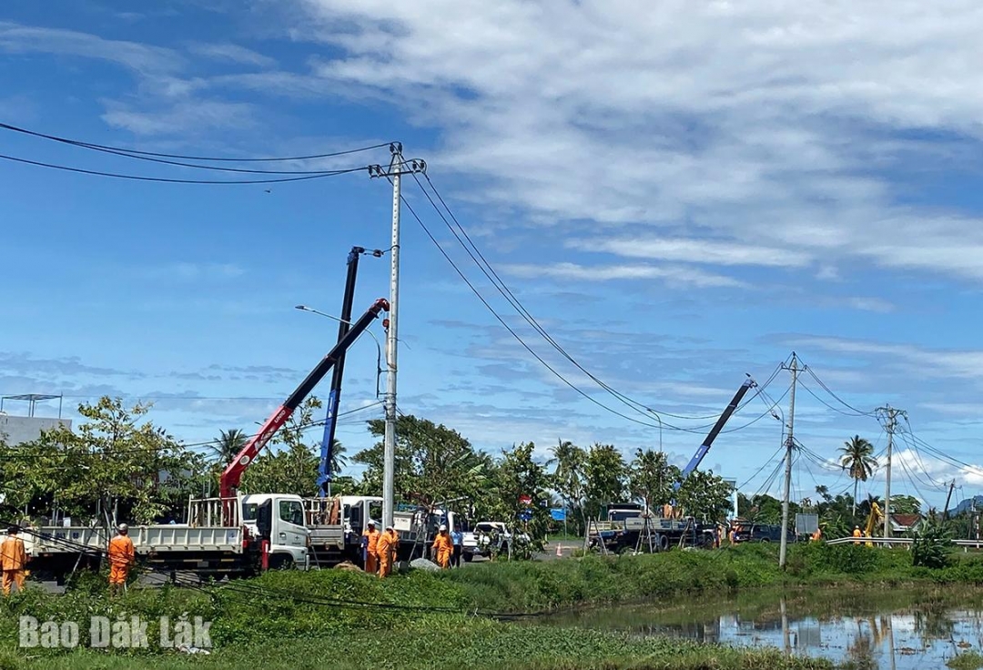 Công nhân Công ty Điện lực Đắk Lắk khắc phục đường dây điện tại phường Đông Hòa.