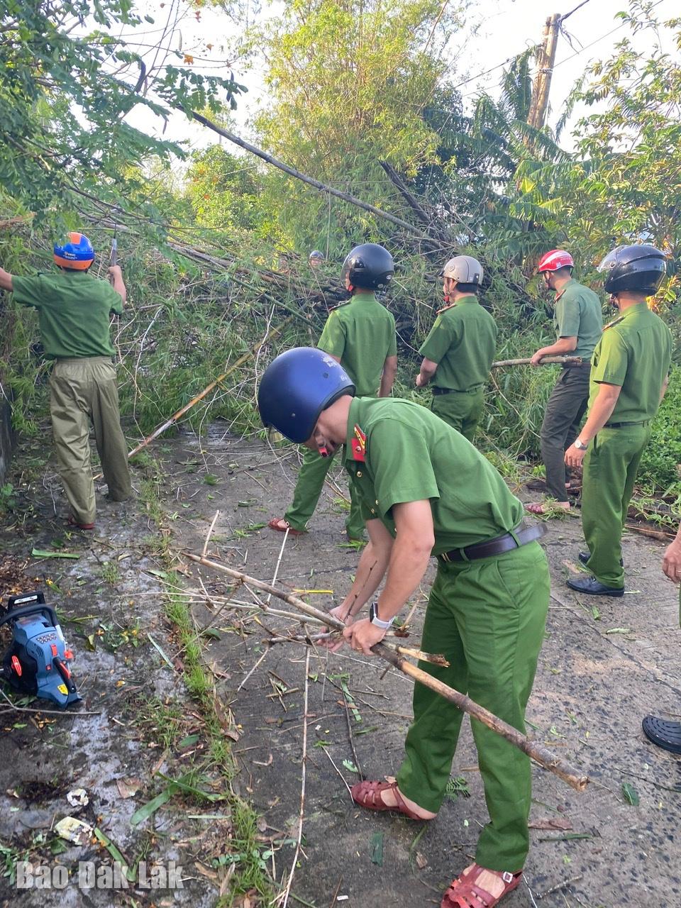 Lực lượng công an địa phương dọn dẹp cây xanh bị ngã, đổ.