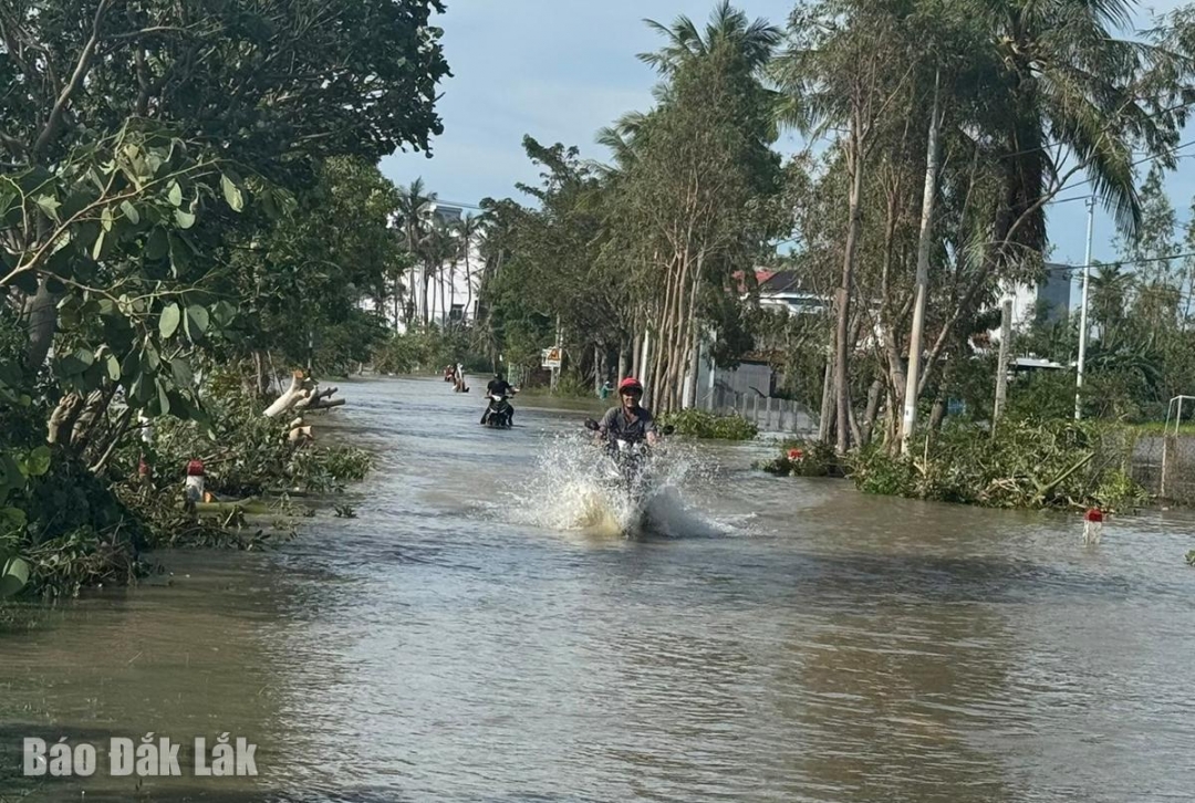 Một tuyến đường trên địa bàn xã Ô Loan bị ngập nước.