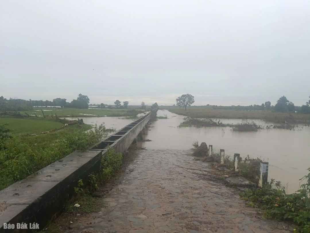 Nước lũ dâng cao, gây ngập một số vùng ở xã Ea Rốk.