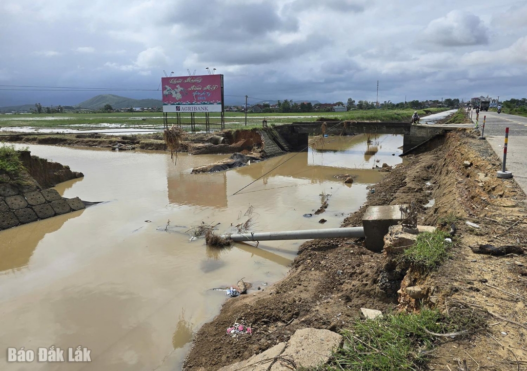 Một đoạn kênh tại vị trí K19+045 kênh chính Nam thuộc hệ thống thủy nông Đồng Cam (đối diện UBND xã Hòa Phong cũ) bị sạt lở, vỡ một phía bờ kênh.