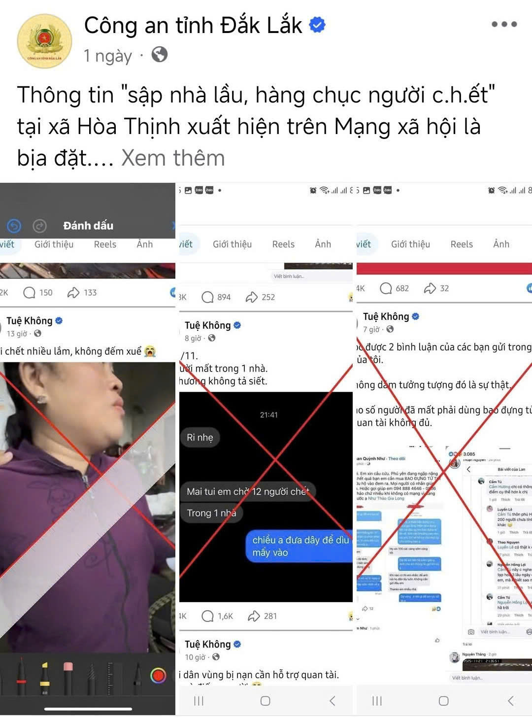 Các tài khoản thông tin sai trên mạng xã hội về tình hình mưa lũ.