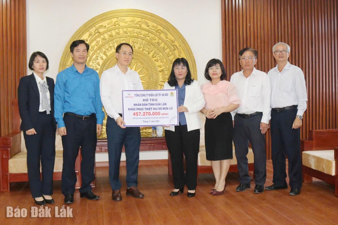 Đồng chí Hồ Thị Nguyên Thảo, Ủy viên Ban Thường vụ Tỉnh ủy, Phó Chủ tịch Thường trực UBND tỉnh tiếp nhận tiền hỗ trợ của Tổng Công ty Điện lực TP. Hà Nội.