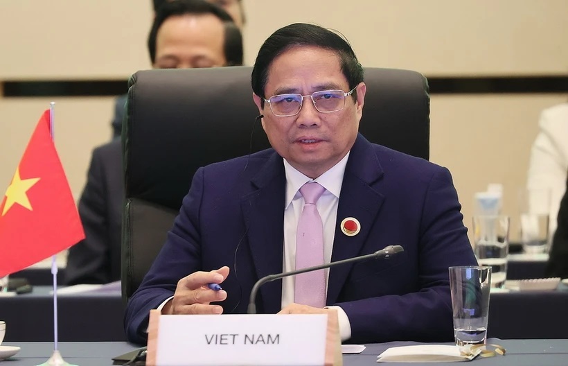 Thủ tướng Phạm Minh Chính phát biểu tại Phiên họp chính Hội nghị Cấp cao Kỷ niệm 50 năm quan hệ ASEAN-Nhật Bản. (Ảnh: Dương Giang/TTXVN
