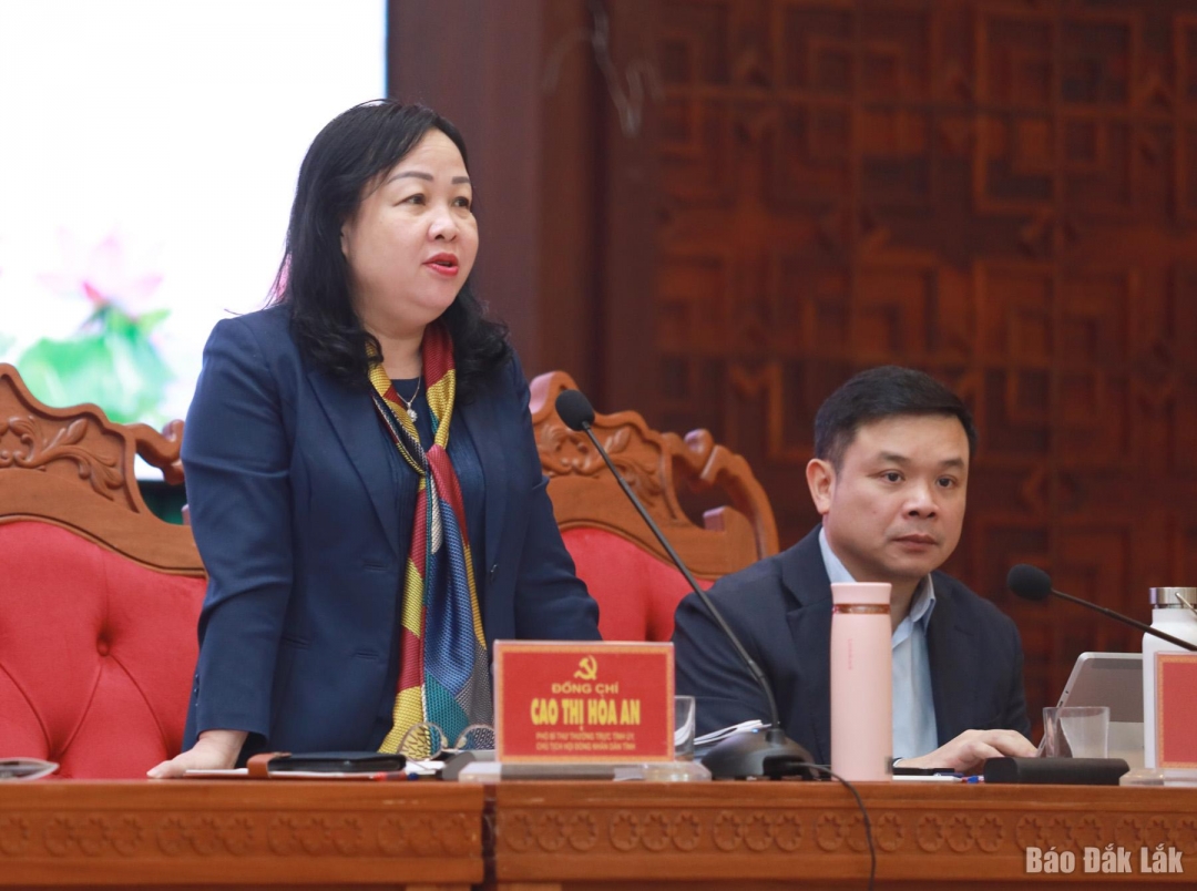 Phó Bí thư Thường trực Tỉnh ủy, Chủ tịch HĐND tỉnh Cao Thị Hòa An điều hành hội nghị.