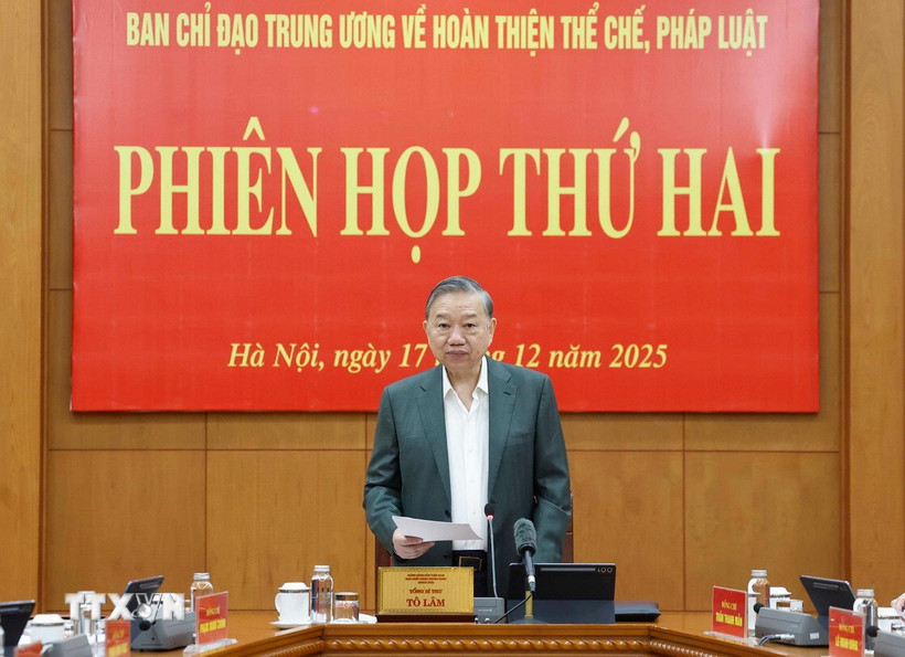Tổng Bí thư Tô Lâm phát biểu tại phiên họp thứ hai của Ban Chỉ đạo Trung ương về hoàn thiện thể chế, pháp luật. Ảnh: TTXVN