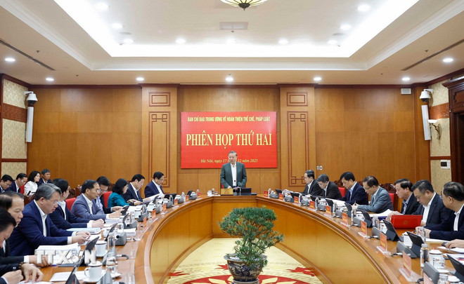 Tổng Bí thư Tô Lâm phát biểu tại phiên họp thứ hai của Ban Chỉ đạo Trung ương về hoàn thiện thể chế, pháp luật. Ảnh: TTXVN