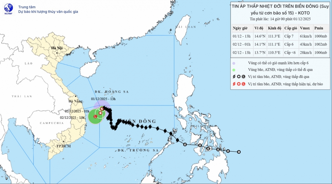  Bản đồ dự báo quỹ đạo và cường độ áp thấp nhiệt đới phát lúc 14 giờ ngày 1/12/2025.