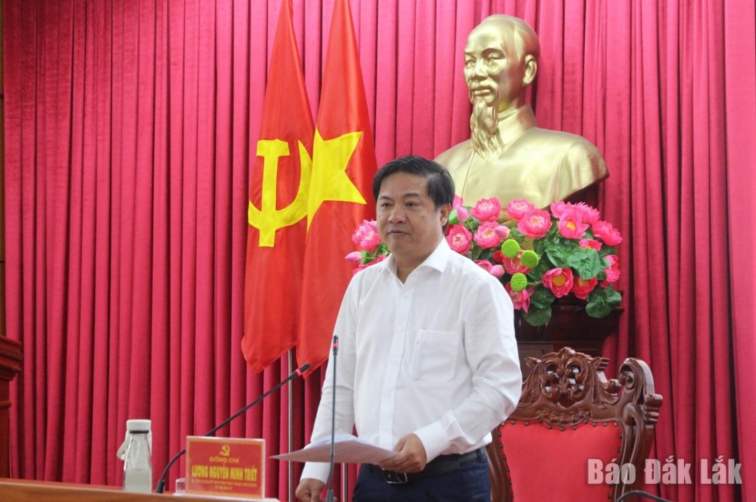 Đồng chí Lương Nguyễn Minh Triết, Ủy viên dự khuyết Trung ương Đảng, Bí thư Tỉnh ủy, Trưởng Ban Chỉ đạo phát biểu tại phiên họp.