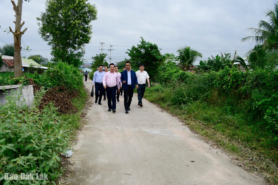 Đoàn giám sát khảo sát thực tế công trình Nâng cấp mặt đường bê tông xi măng buôn Lé B được đầu tư từ nguồn vốn chương trình mục tiêu quốc gia.