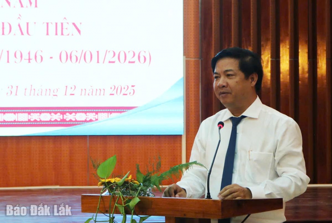 Đồng chí Lương Nguyễn Minh Triết, Ủy viên dự khuyết Ban Chấp hành Trung ương Đảng, Bí thư Tỉnh ủy phát biểu tại buổi gặp mặt.