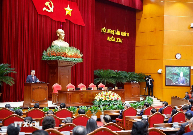 Tổng Bí thư Tô Lâm phát biểu bế mạc Hội nghị lần thứ 15 Ban Chấp hành Trung ương khóa XIII. Ảnh: TTXVN