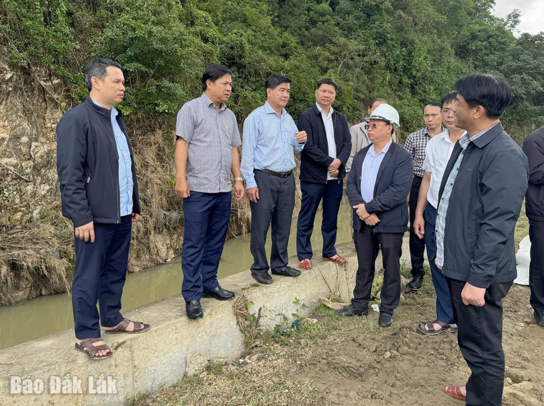 Bí thư Tỉnh ủy Lương Nguyễn Minh Triết kiểm tra công tác khắc phục tại hệ thống thủy nông Đồng Cam.