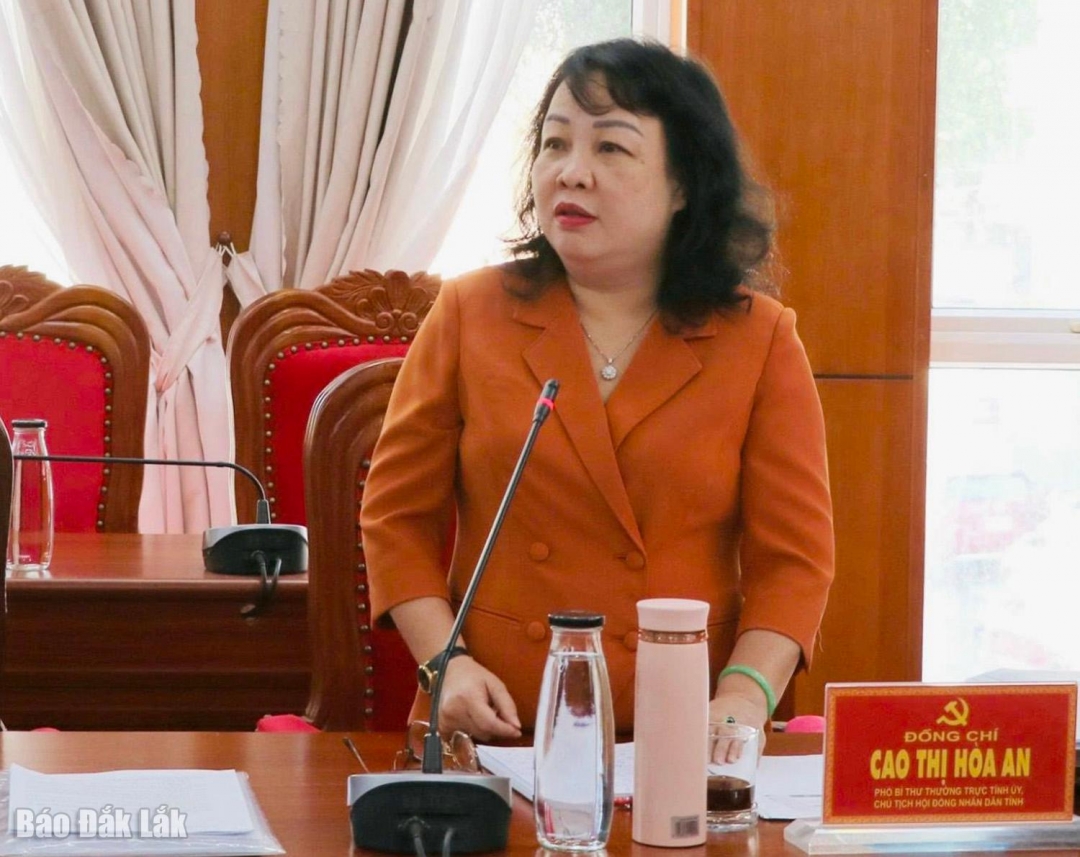 Phó Bí thư Thường trực Tỉnh ủy, Chủ tịch HĐND tỉnh Cao Thị Hòa An phát biểu tại hội nghị