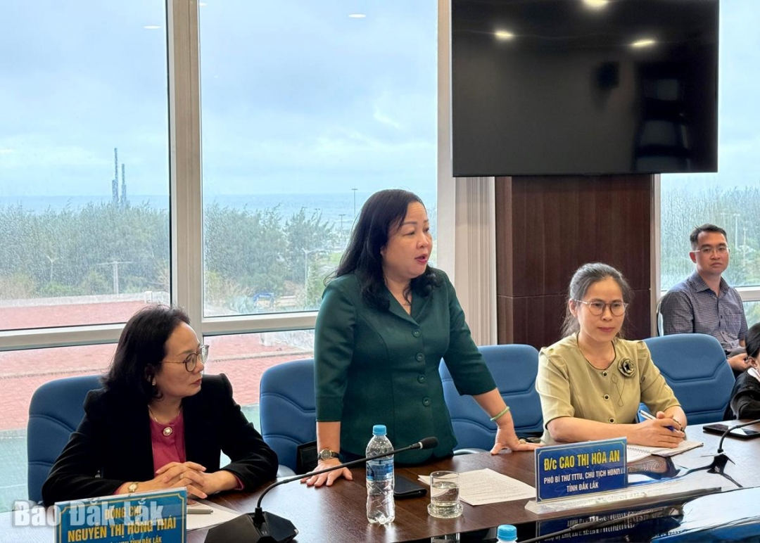 Đồng chí Cao Thị Hòa An, Phó Bí thư Thường trực Tỉnh ủy, Chủ tịch HĐND tỉnh phát biểu thông tin với đoàn tại buổi thăm.