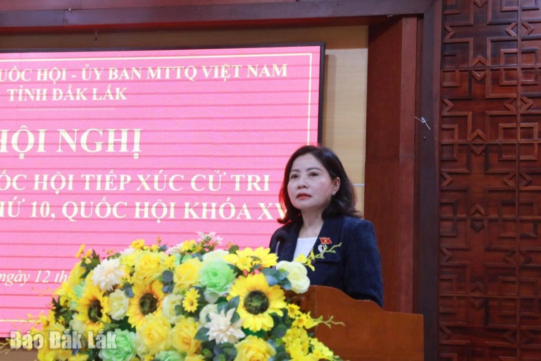 Phó Trưởng đoàn phụ trách Đoàn ĐBQH tỉnh Nguyễn Thị Thu Nguyệt phát biểu tại hội nghị.